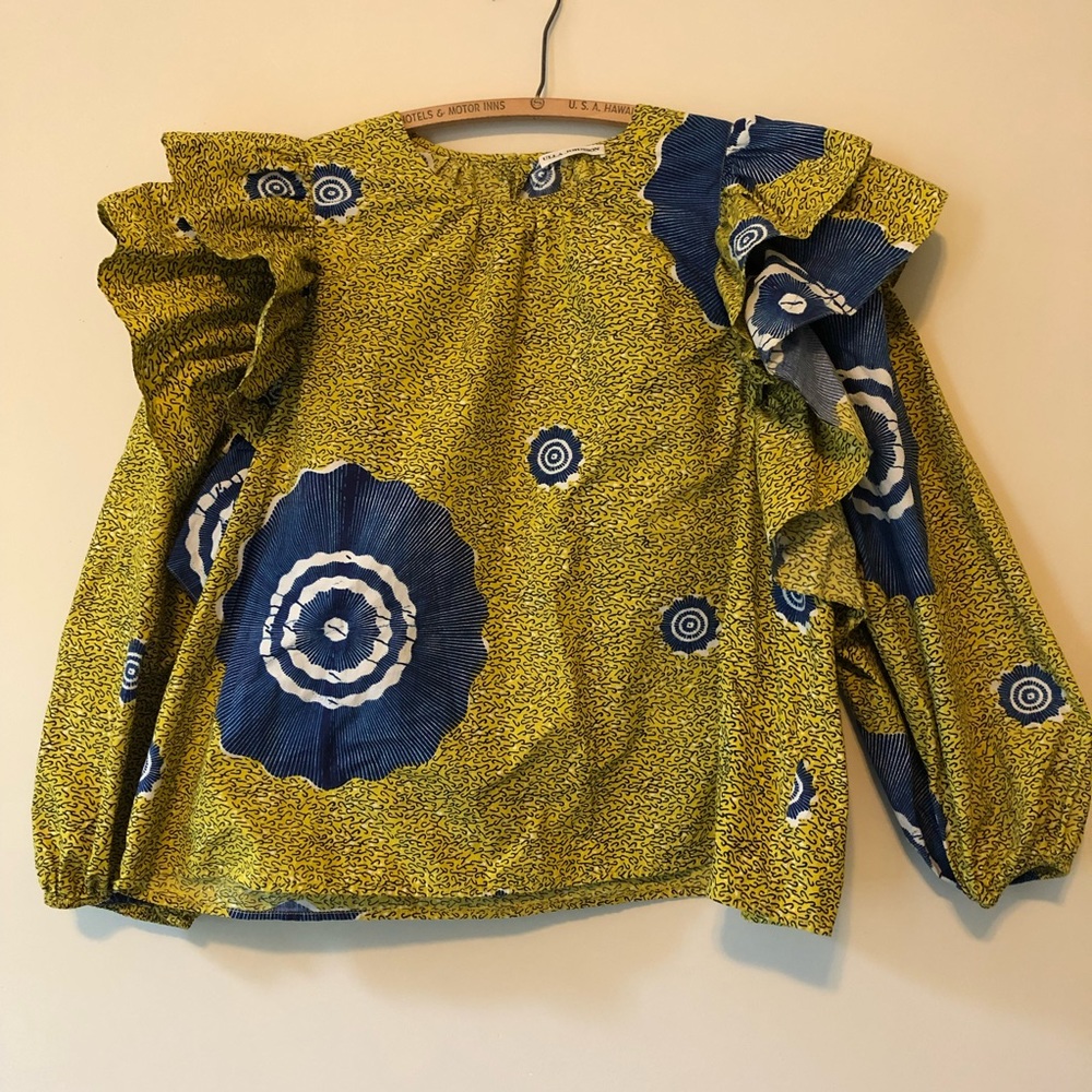 Ulla Johnson Blouse Ruffle Blue Green Long Sleeve Caasi US 12 - Picture 3 of 11